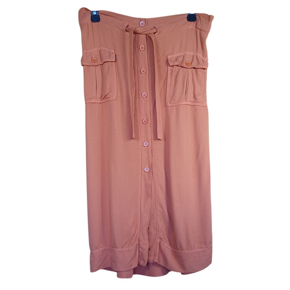 Women’s Terracotta Button-Front Utility Midi Skirt with Pockets and Tie Waist - Picture 2 of 8